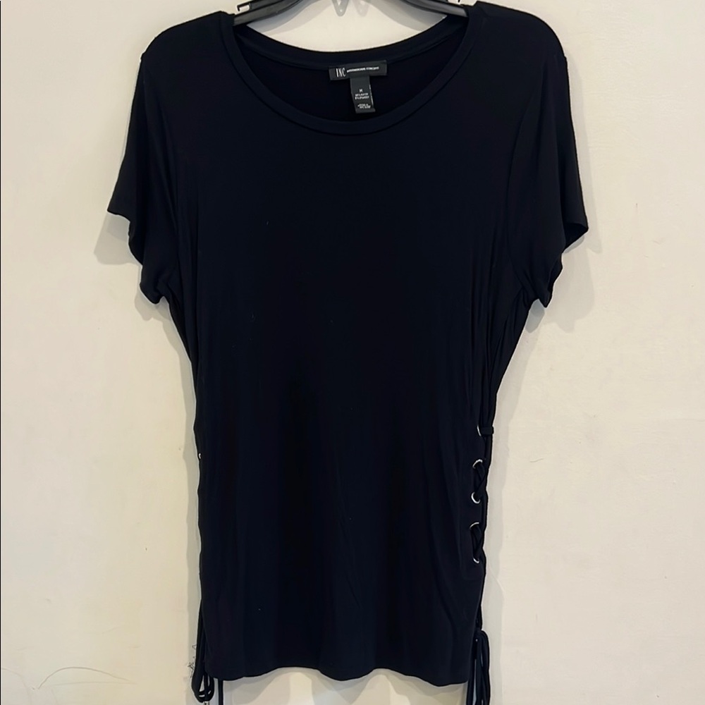 INC‎ International Concepts Black Ruched Short Sleeve T-Shirt